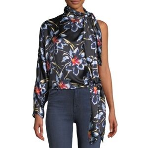 DVF- Black Silk Multicolored Floral One Sleeve Blouse